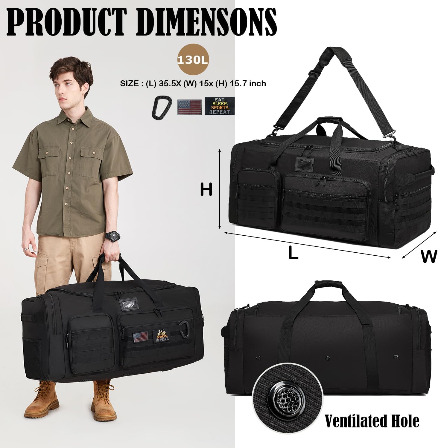 130L Extra Large Duffle Bag for Men, Heavy Duty Duffle Bag for Travel, Large Sports Gym Equipment Bag for Hockey Football Baseball Soccer Basketball & Drum Hardware - Image 2