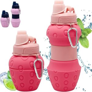 Silicone Collapsible Water Bottles, Leakproof 16oz Portable Water Bottle Sports Cups with Straw, BPA Free, for Outdoor